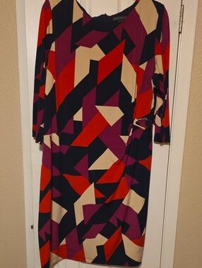 Jessica Howard Geometric Long Sleeve Dress - Red, Purple, Black, Cream
